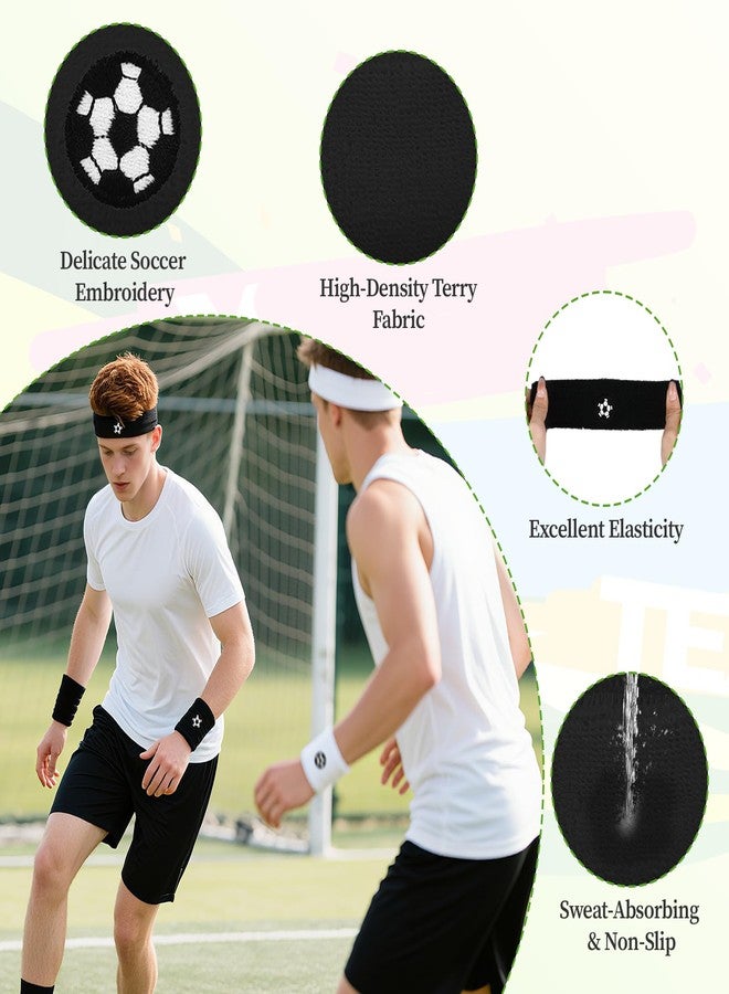 SXoonKing 6Pcs Sweatband Set Sports, Soccer/Basketball Headband and Wristband Set - 2 Headbands and 4 Wristbands, Black & White Terry Cloth Headband Mens Sweat Band for Sports Workout, Sweat-wicking and Elastic - Image 3